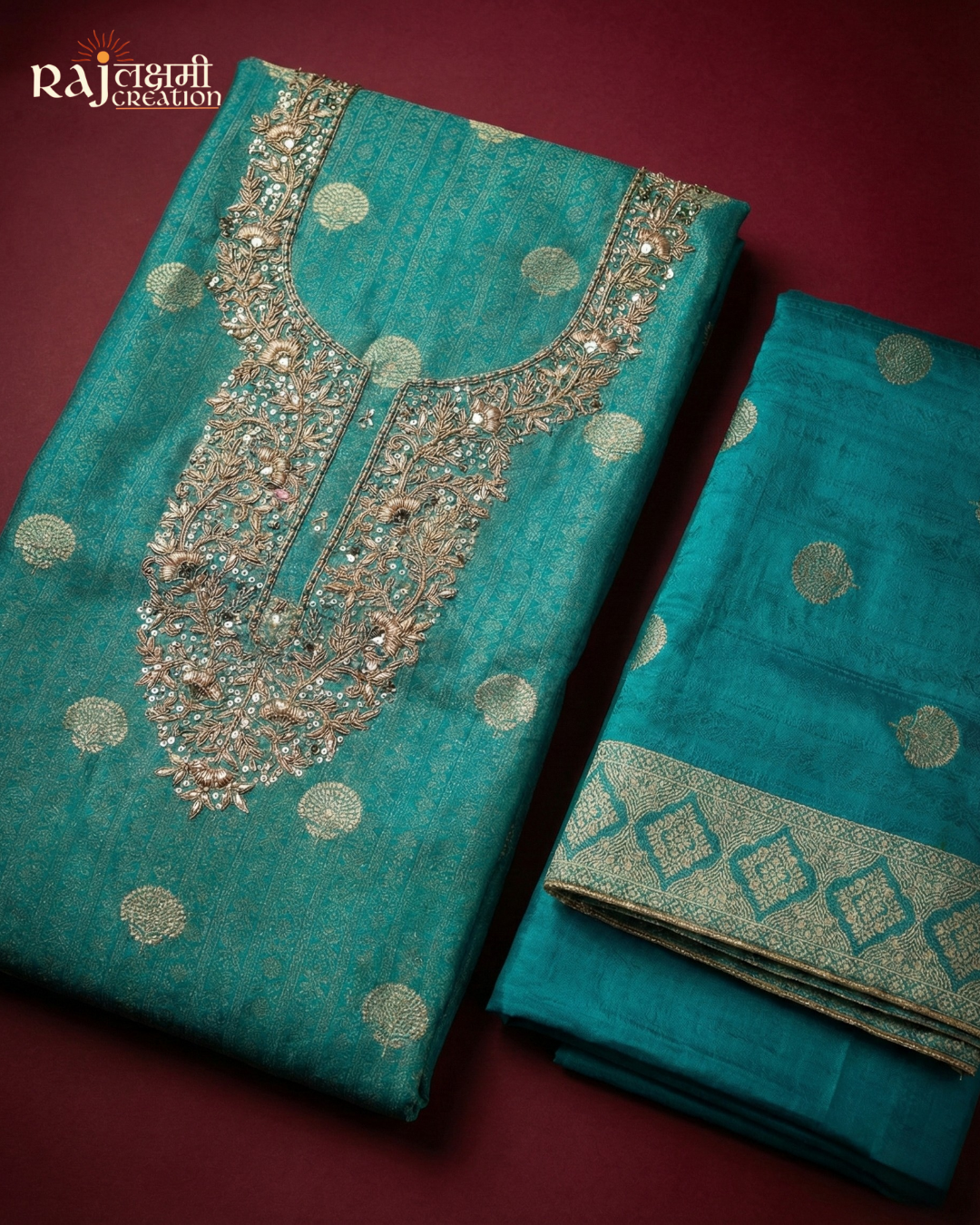 Teal Blue Tissue Upada Silk Suit with Exquisite Zardosi Embroidery