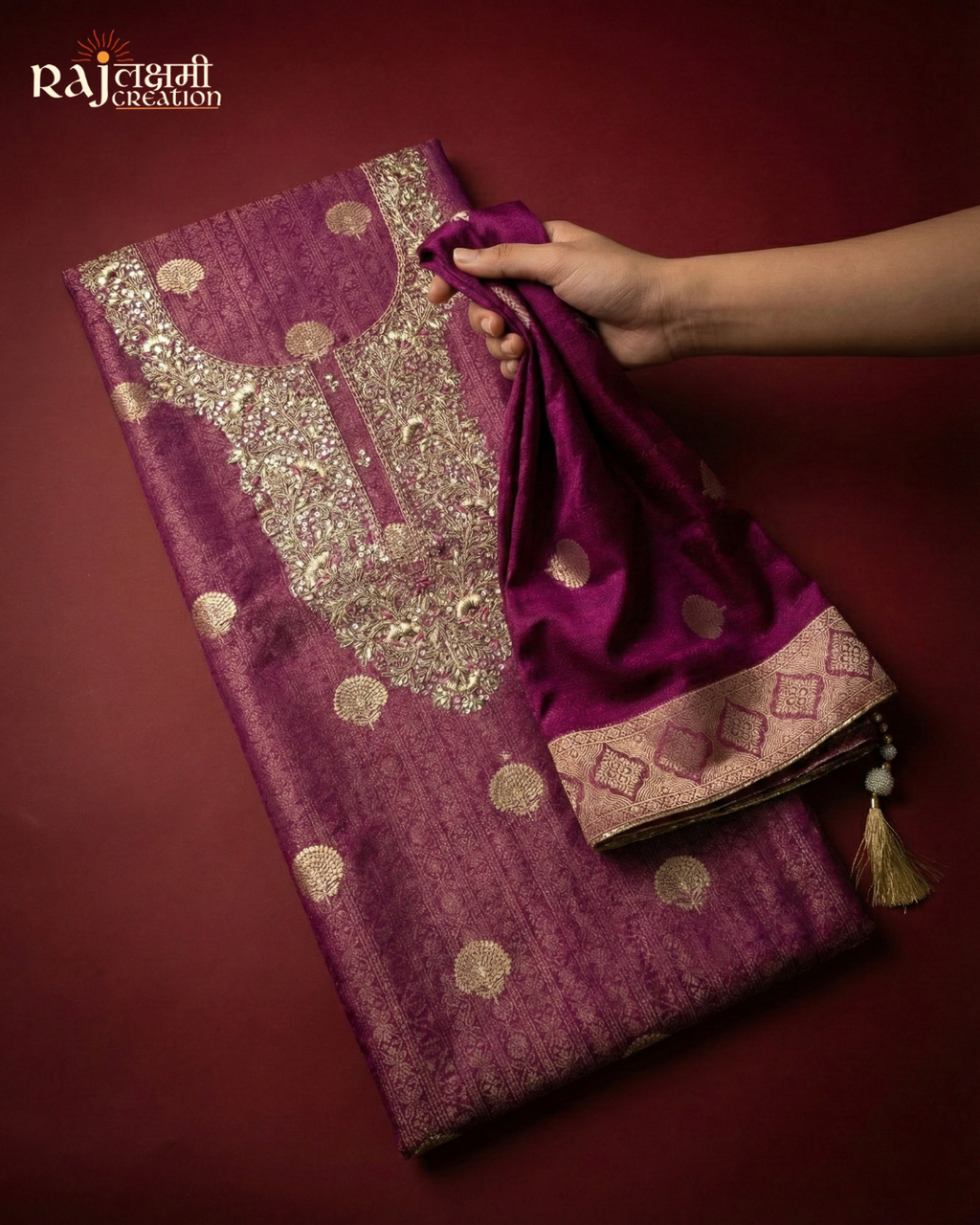 Deep Purple Tissue Upada Silk Suit with Heavy Zardosi Work