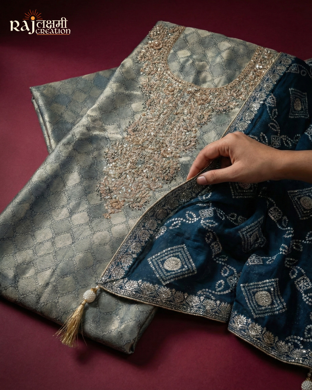 The Silver Slate: Metallic Grey Tissue Upada Set with Bandhani Accents