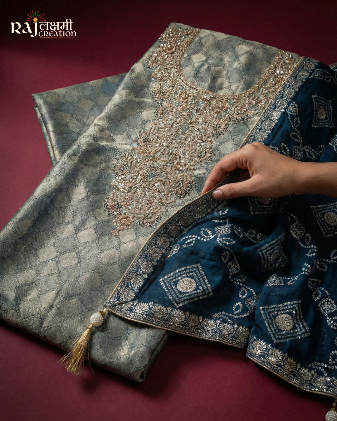 The Silver Slate: Metallic Grey Tissue Upada Set with Bandhani Accents