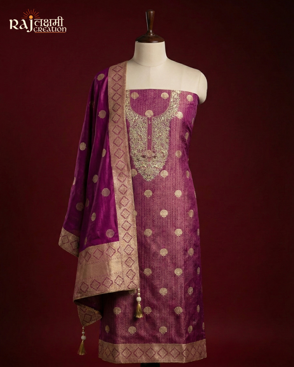 Deep Purple Tissue Upada Silk Suit with Heavy Zardosi Work