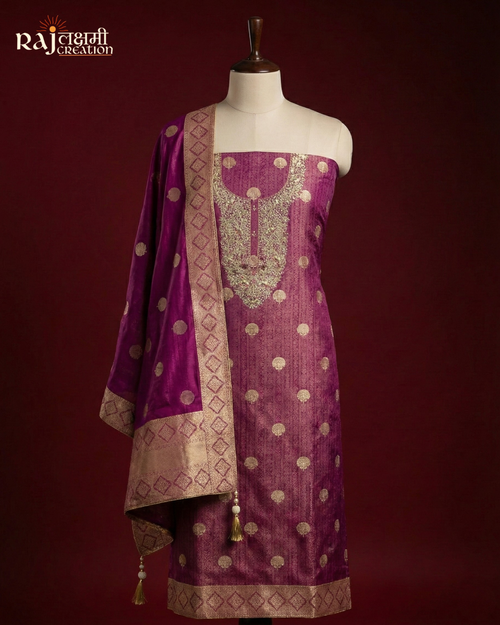 Deep Purple Tissue Upada Silk Suit with Heavy Zardosi Work