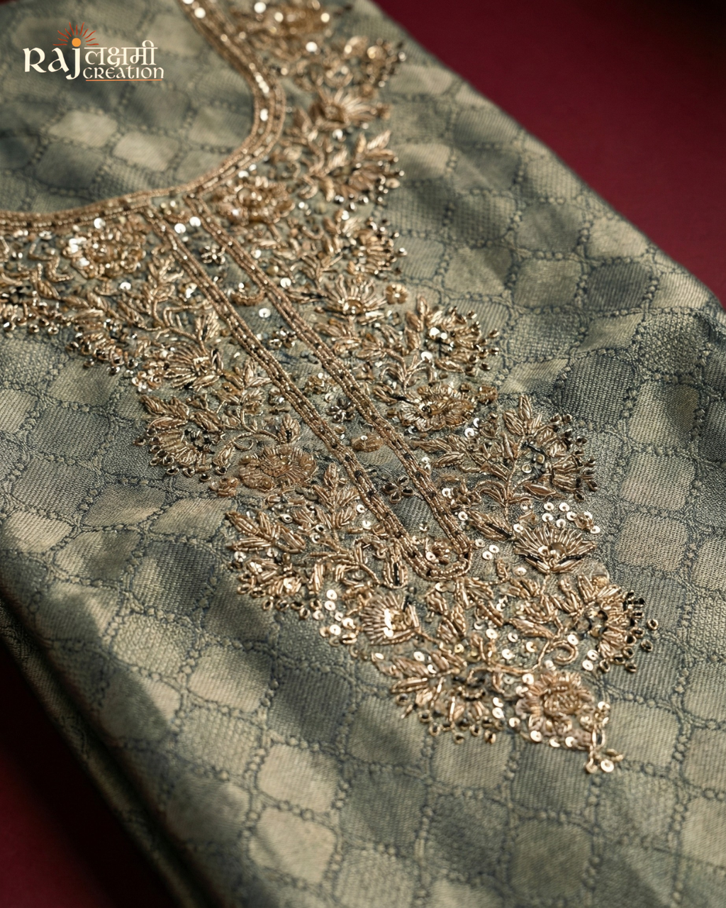 The Silver Slate: Metallic Grey Tissue Upada Set with Bandhani Accents