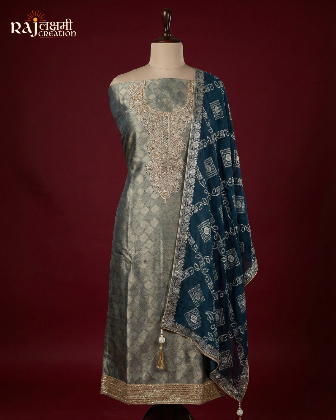 The Silver Slate: Metallic Grey Tissue Upada Set with Bandhani Accents
