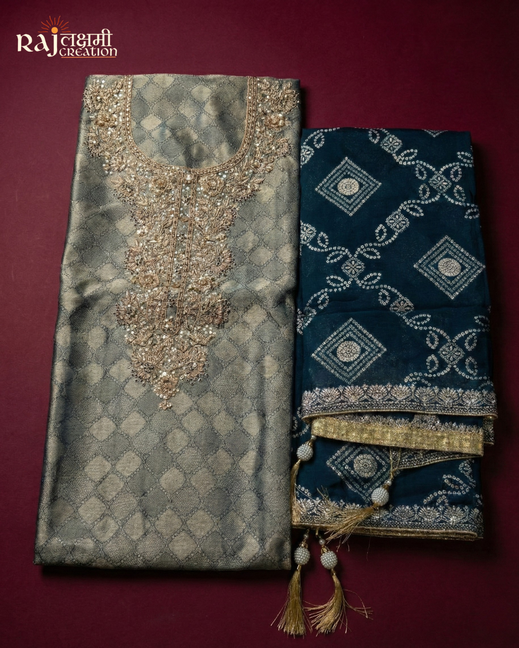 The Silver Slate: Metallic Grey Tissue Upada Set with Bandhani Accents