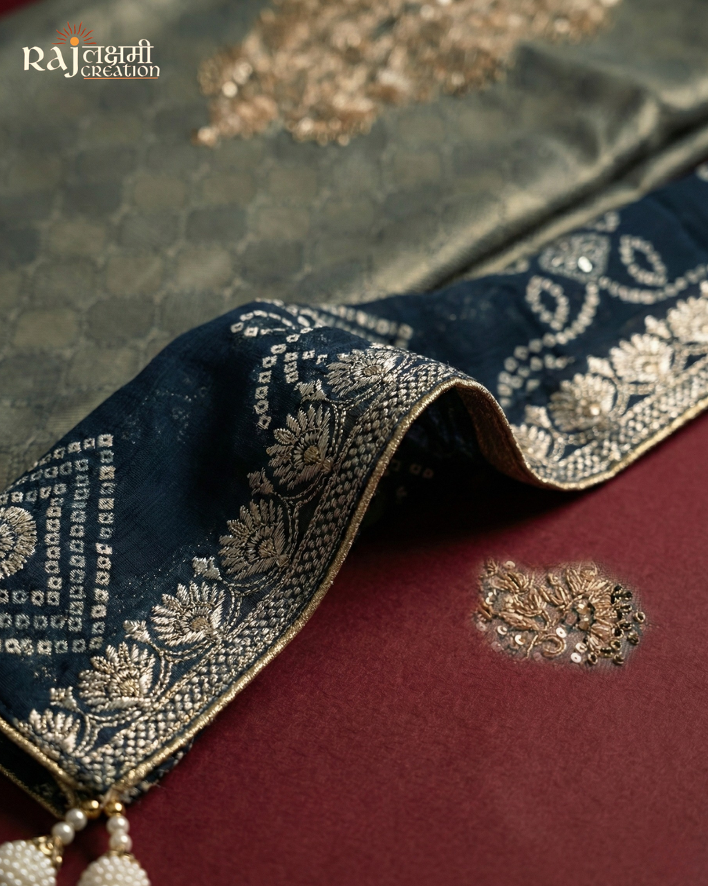 The Silver Slate: Metallic Grey Tissue Upada Set with Bandhani Accents