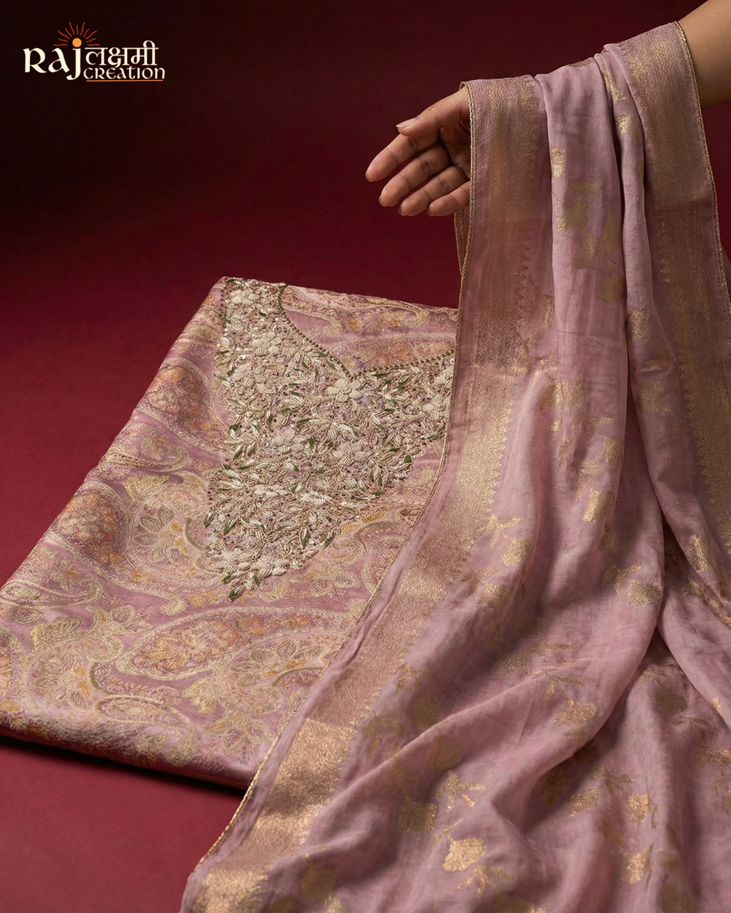Dusty Rose Gajji Silk Zardosi Unstitched Suit Set