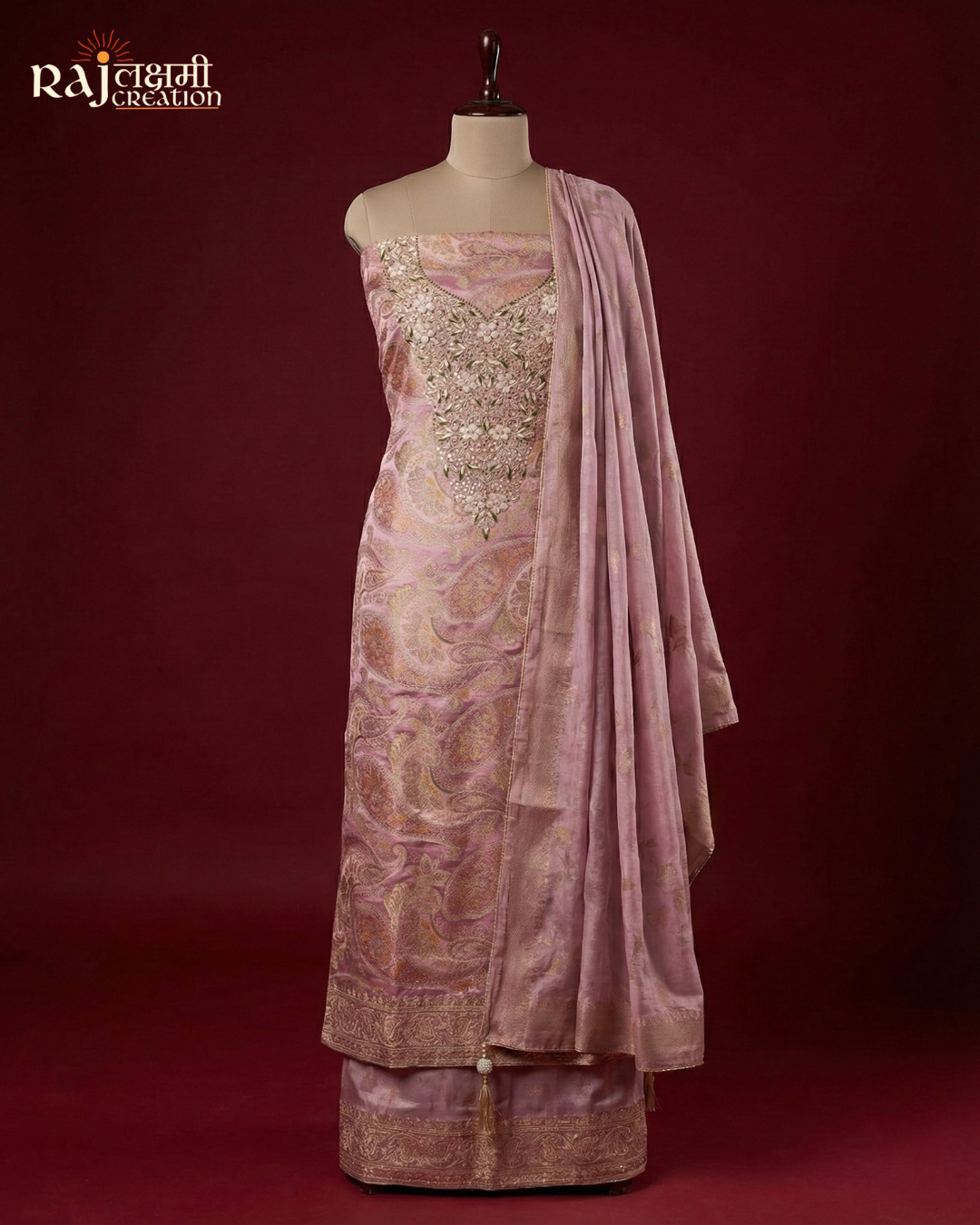 Dusty Rose Gajji Silk Zardosi Unstitched Suit Set