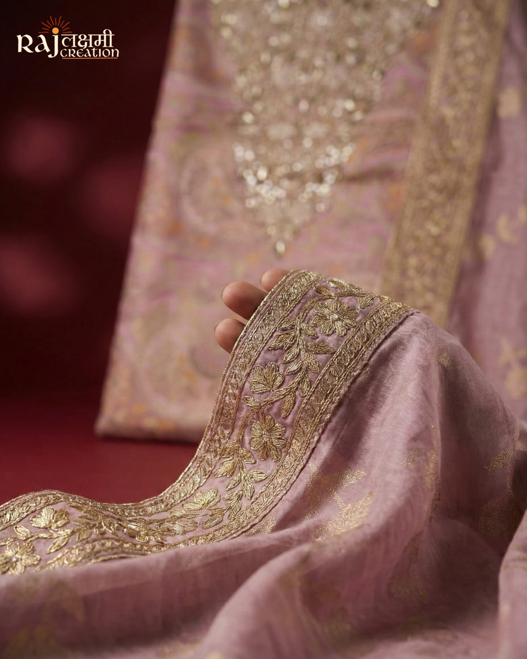 Dusty Rose Gajji Silk Zardosi Unstitched Suit Set