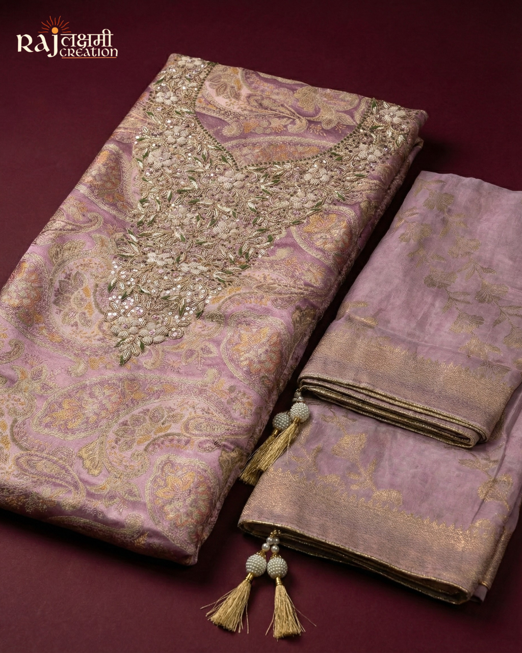 Dusty Rose Gajji Silk Zardosi Unstitched Suit Set
