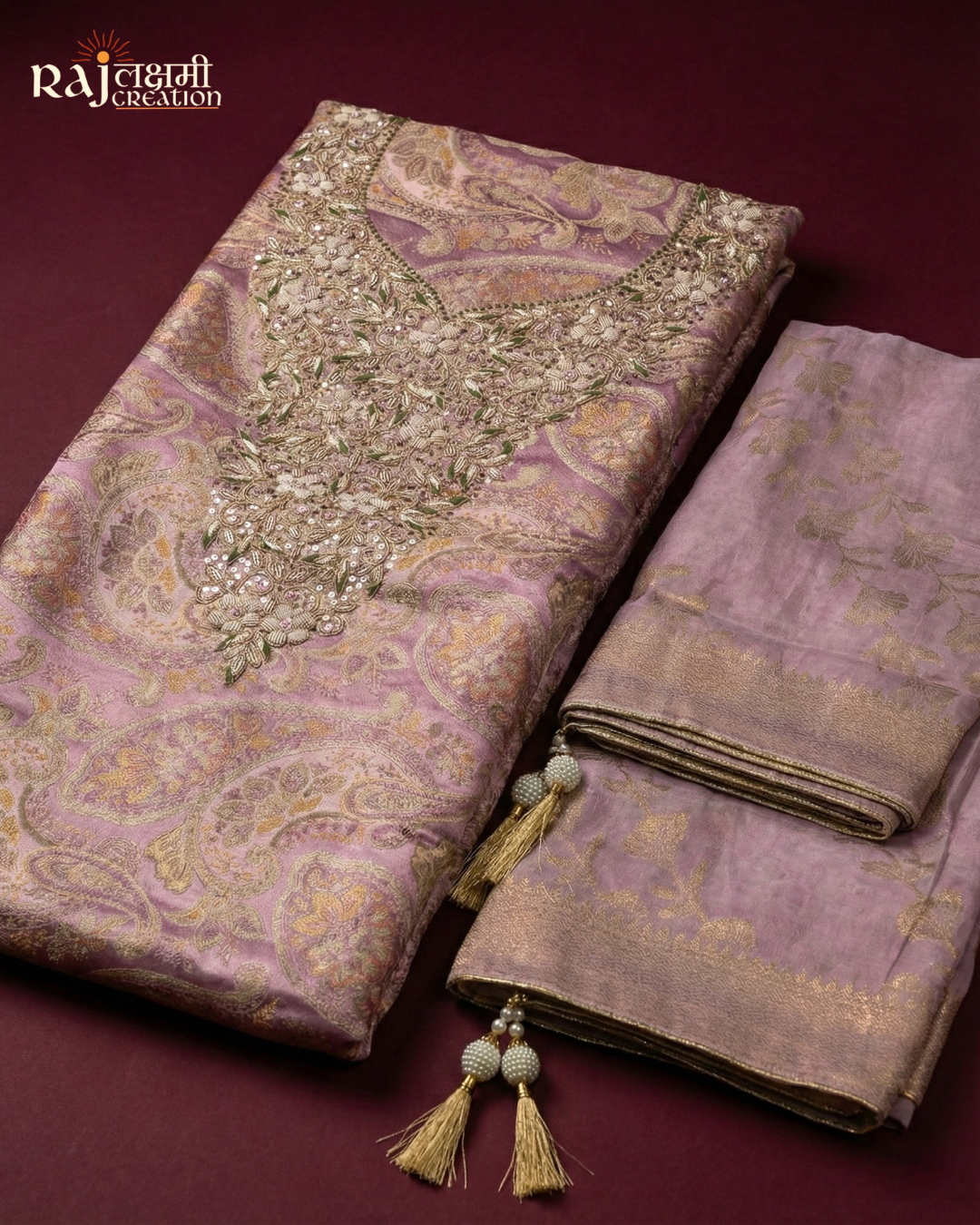 Dusty Rose Gajji Silk Zardosi Unstitched Suit Set