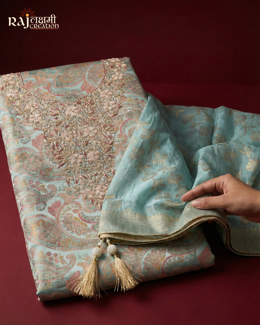 Aqua Marine Gajji Silk Suit with Handcrafted Zardosi