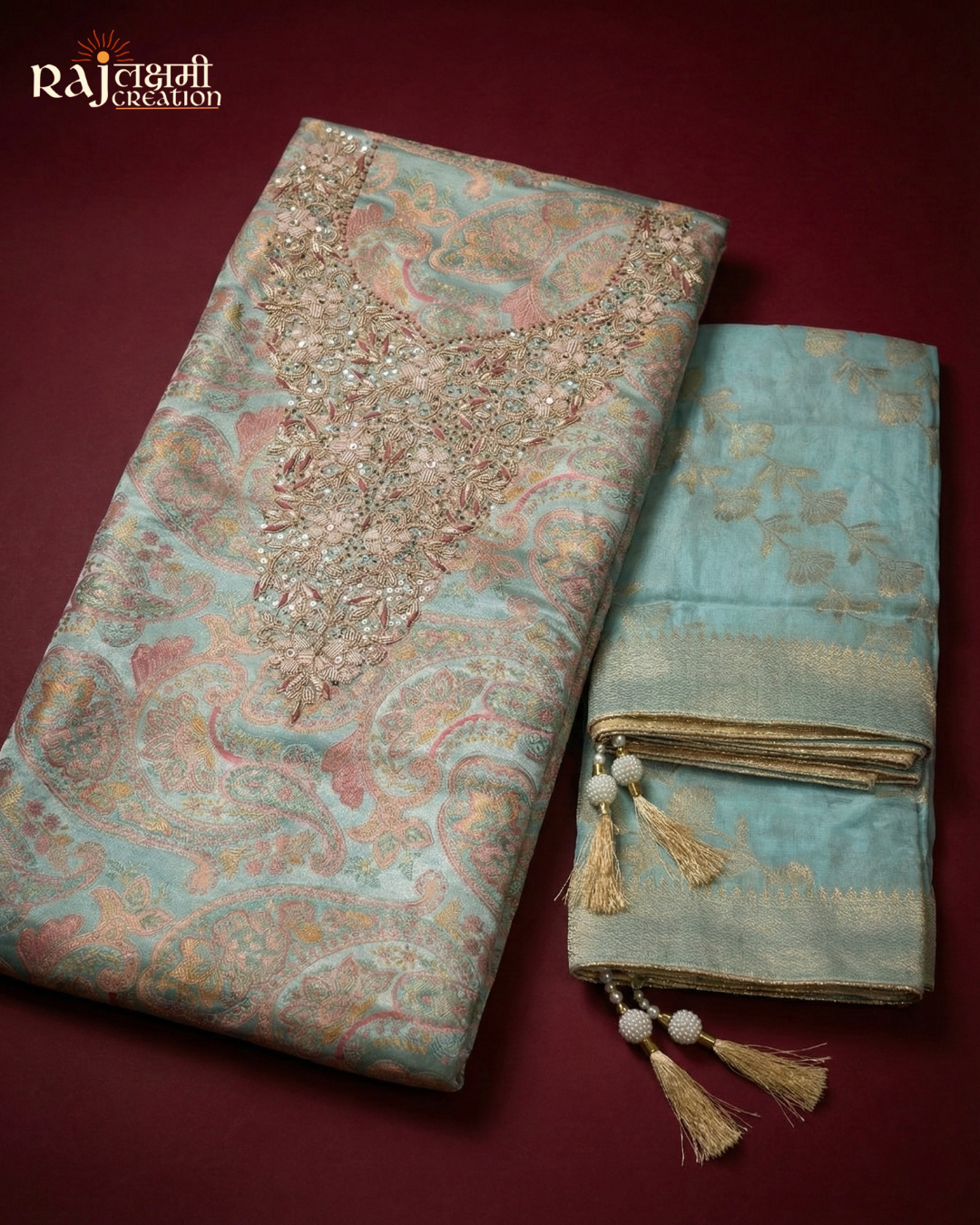 Aqua Marine Gajji Silk Suit with Handcrafted Zardosi