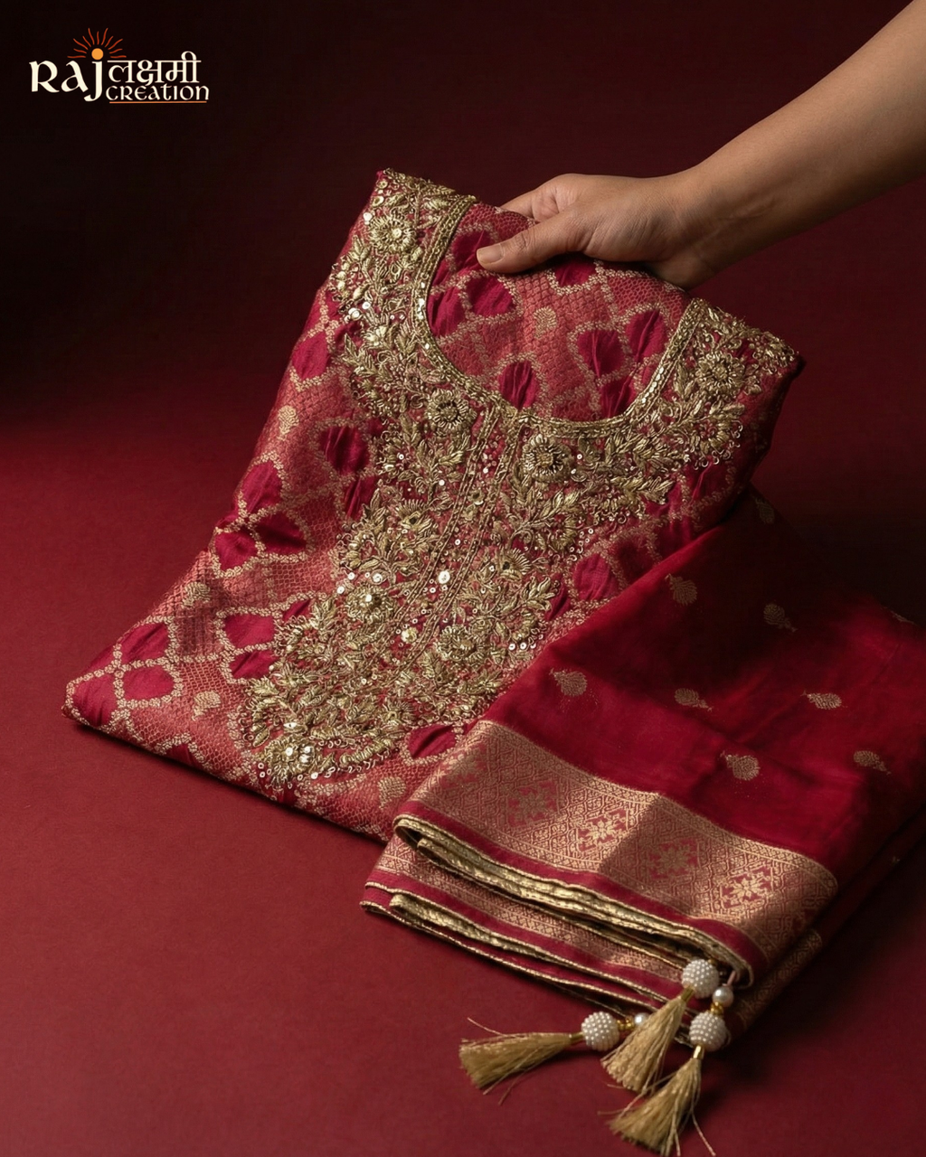 Deep Maroon Zardosi Embroidered Gajji Satin Salwar Suit with Upada Silk Dupatta