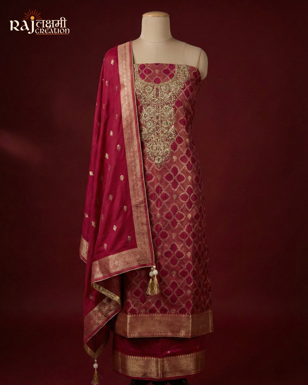 Deep Maroon Zardosi Embroidered Gajji Satin Salwar Suit with Upada Silk Dupatta
