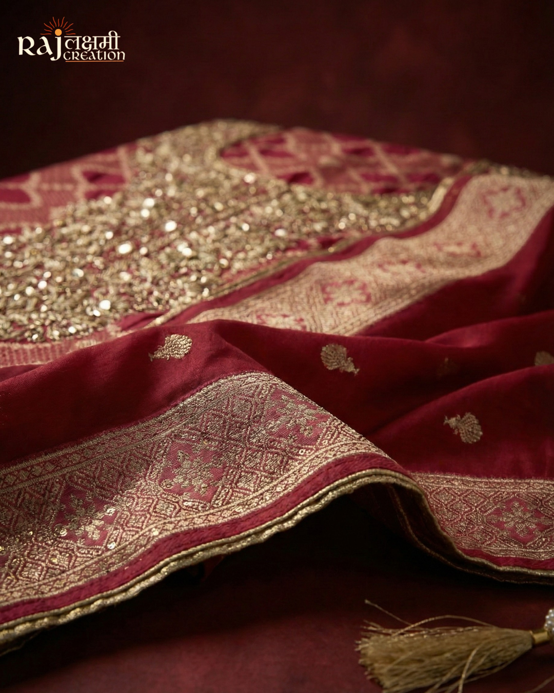 Deep Maroon Zardosi Embroidered Gajji Satin Salwar Suit with Upada Silk Dupatta