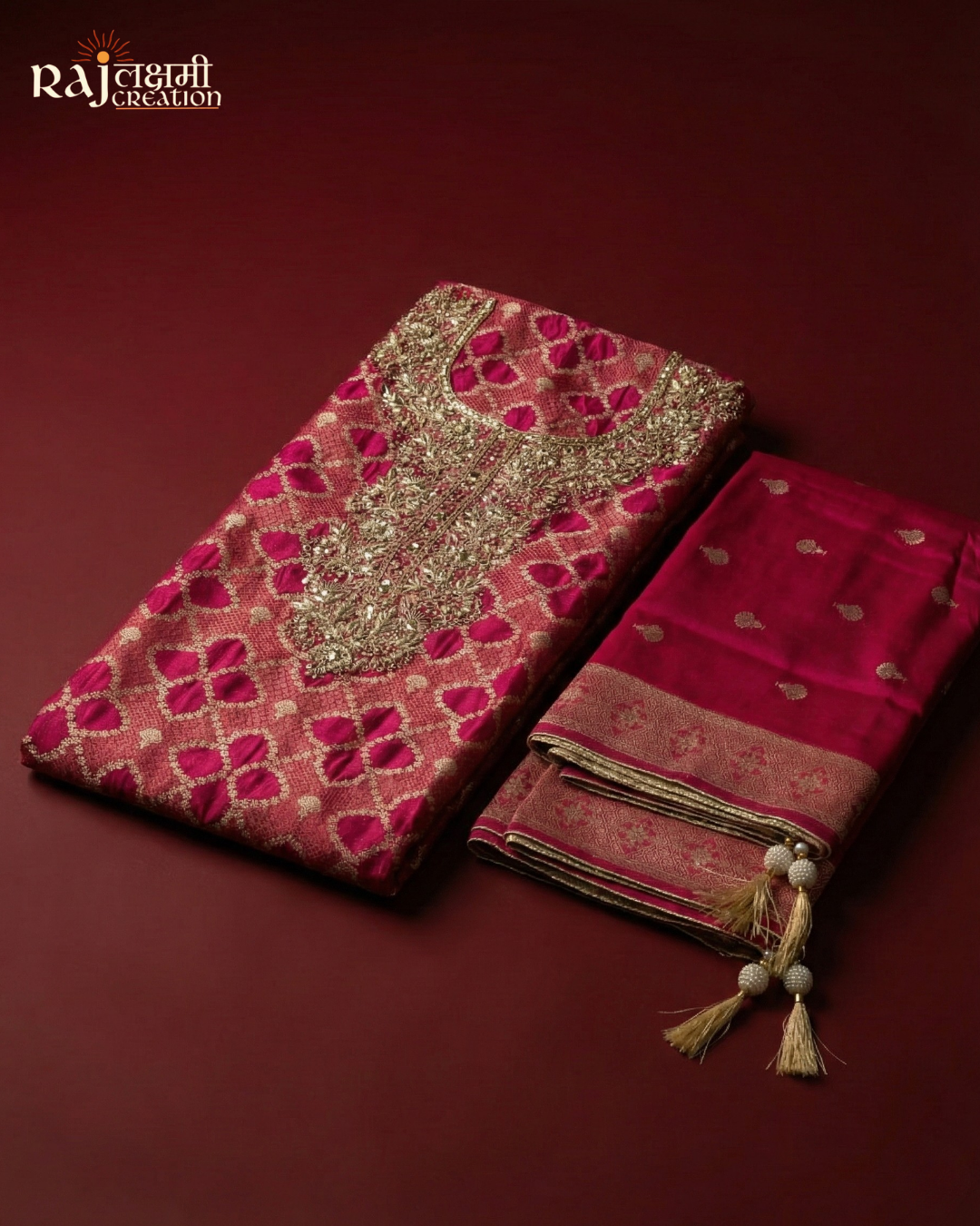 Deep Maroon Zardosi Embroidered Gajji Satin Salwar Suit with Upada Silk Dupatta