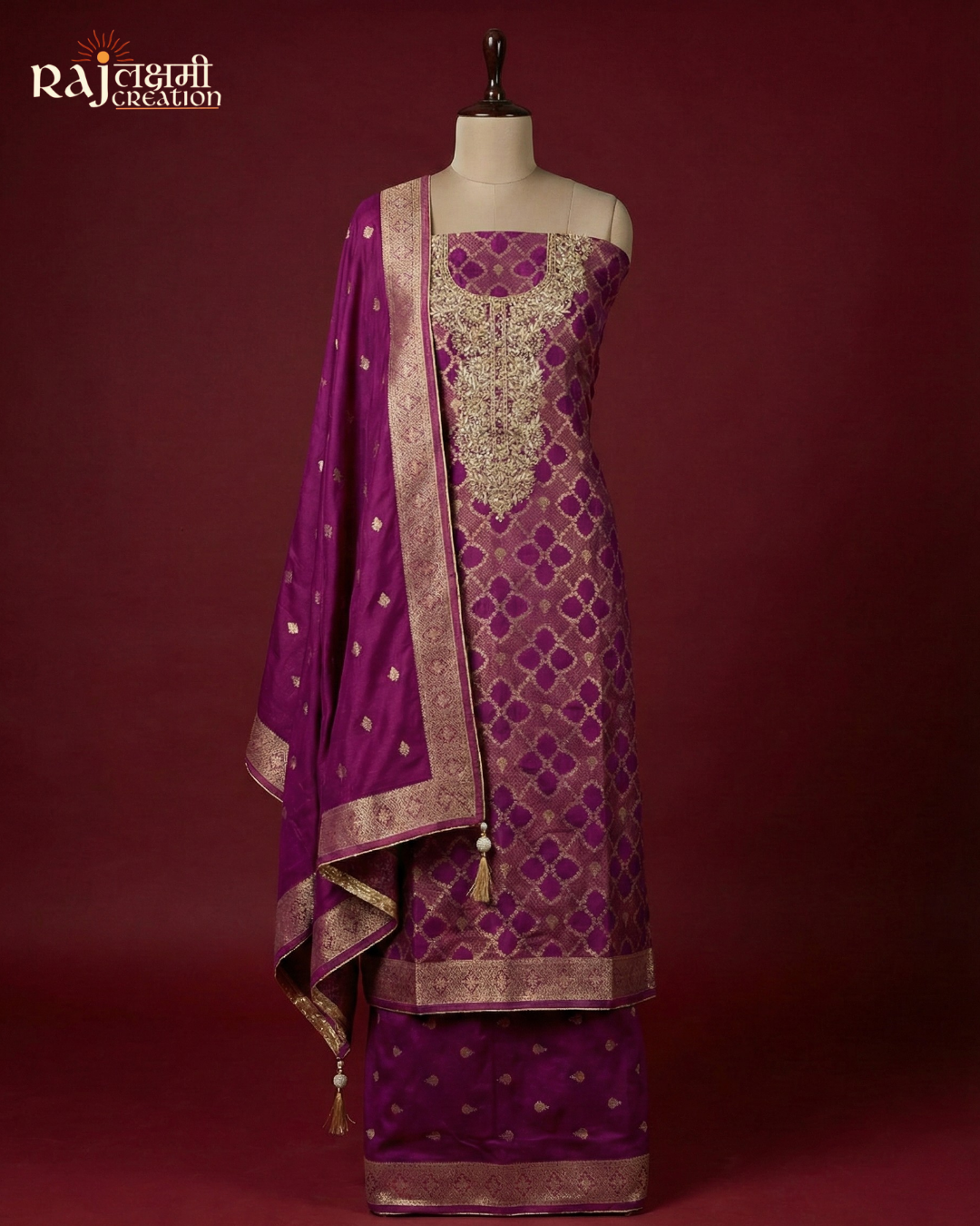 Royal Purple Hand-Embroidered Zardosi Suit Set in Premium Gajji Satin & Upada Silk