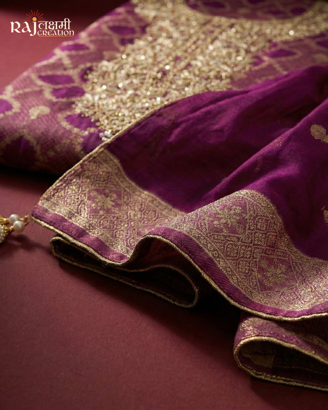 Royal Purple Hand-Embroidered Zardosi Suit Set in Premium Gajji Satin & Upada Silk