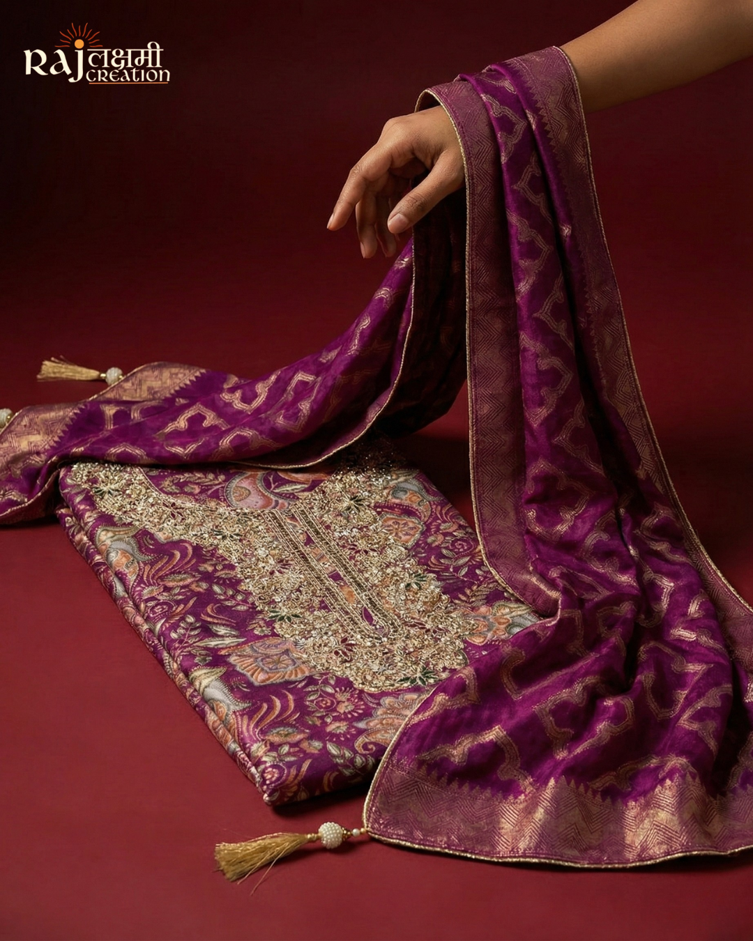 Royal Magenta Printed Gajji Satin Suit with Handcrafted Zardosi Yoke