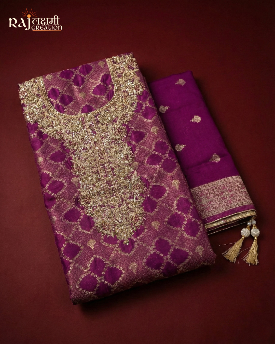 Royal Purple Hand-Embroidered Zardosi Suit Set in Premium Gajji Satin & Upada Silk