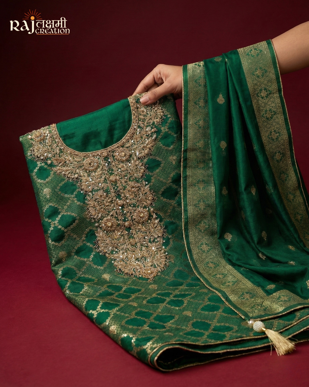 Royal Emerald Green Handcrafted Zardosi & Zari Suit in Premium Gajji Satin & Upada Silk