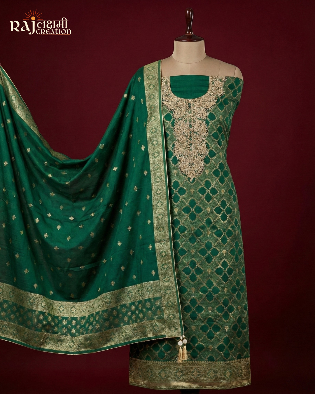 Royal Emerald Green Handcrafted Zardosi & Zari Suit in Premium Gajji Satin & Upada Silk