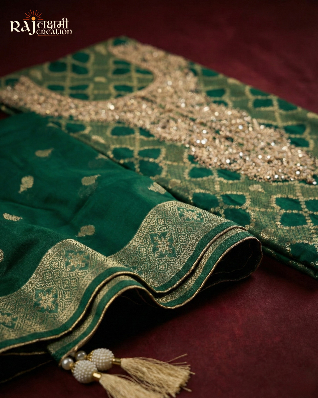 Royal Emerald Green Handcrafted Zardosi & Zari Suit in Premium Gajji Satin & Upada Silk
