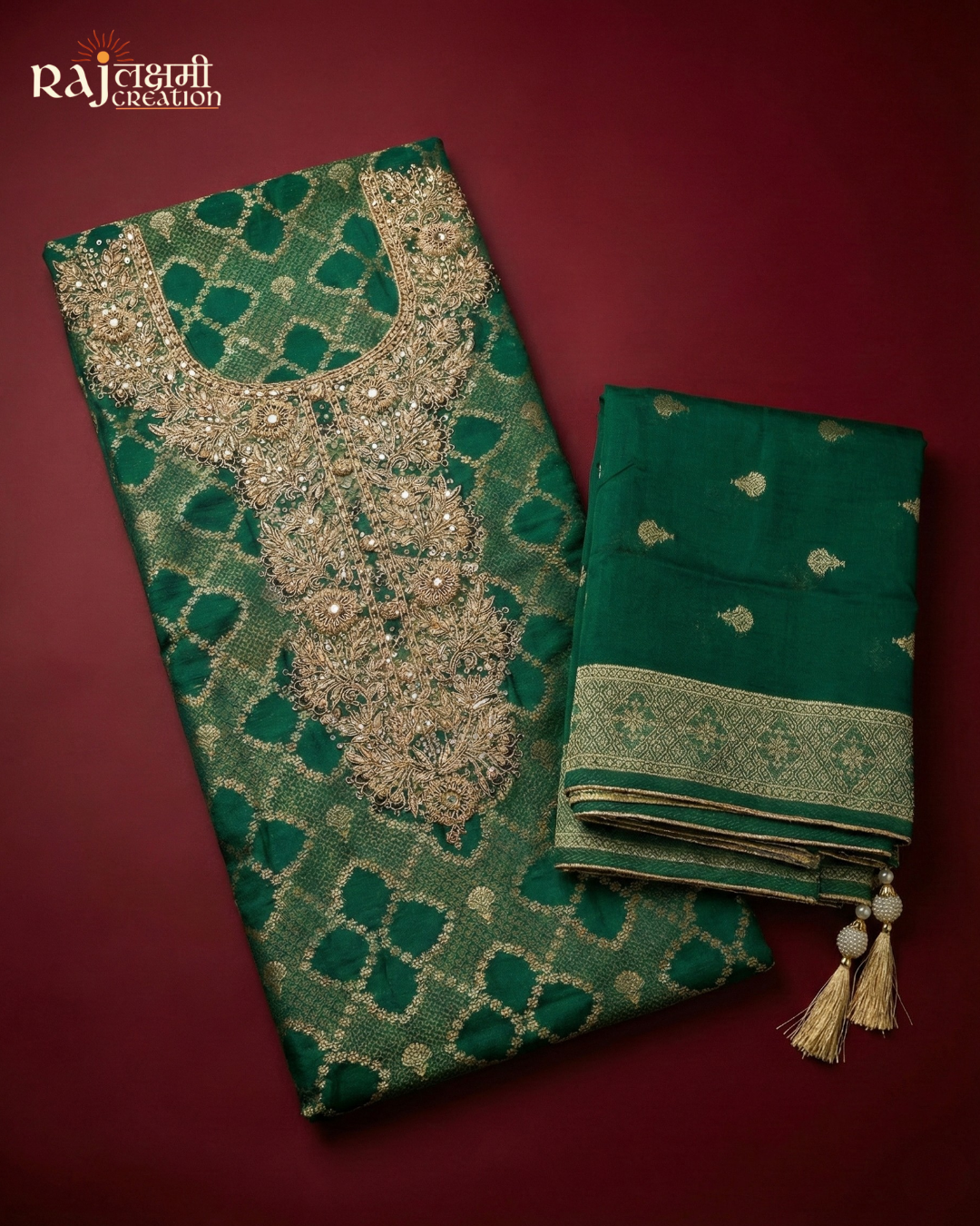 Royal Emerald Green Handcrafted Zardosi & Zari Suit in Premium Gajji Satin & Upada Silk