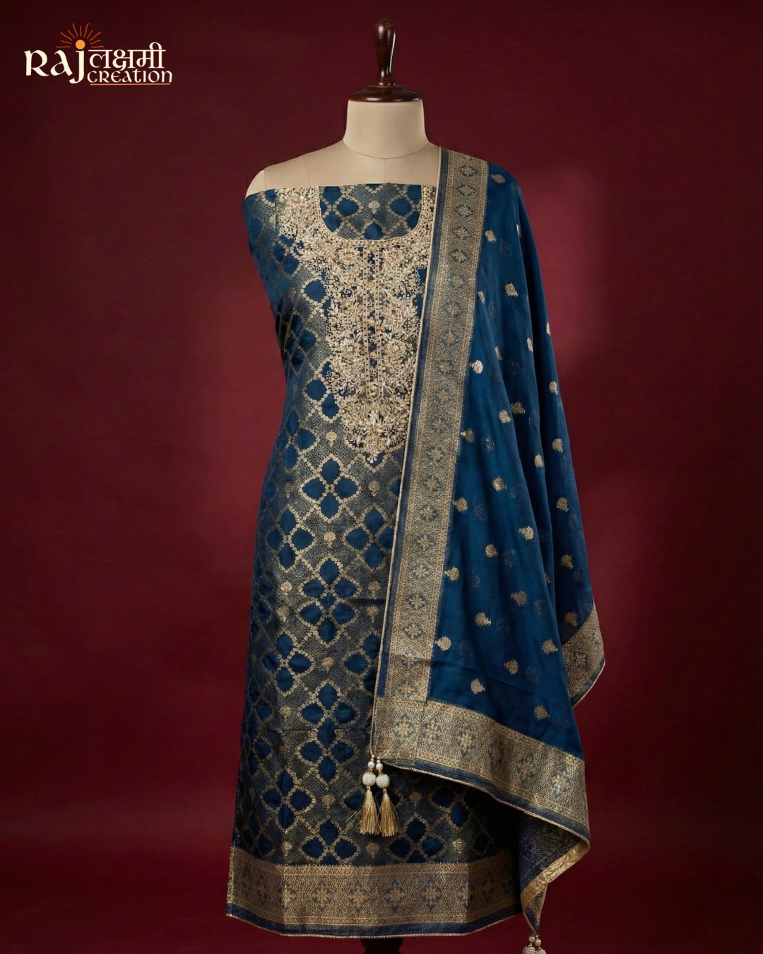 Royal Navy Blue Hand-Embroidered Zardosi Suit Set in Premium Gajji Satin & Upada Silk