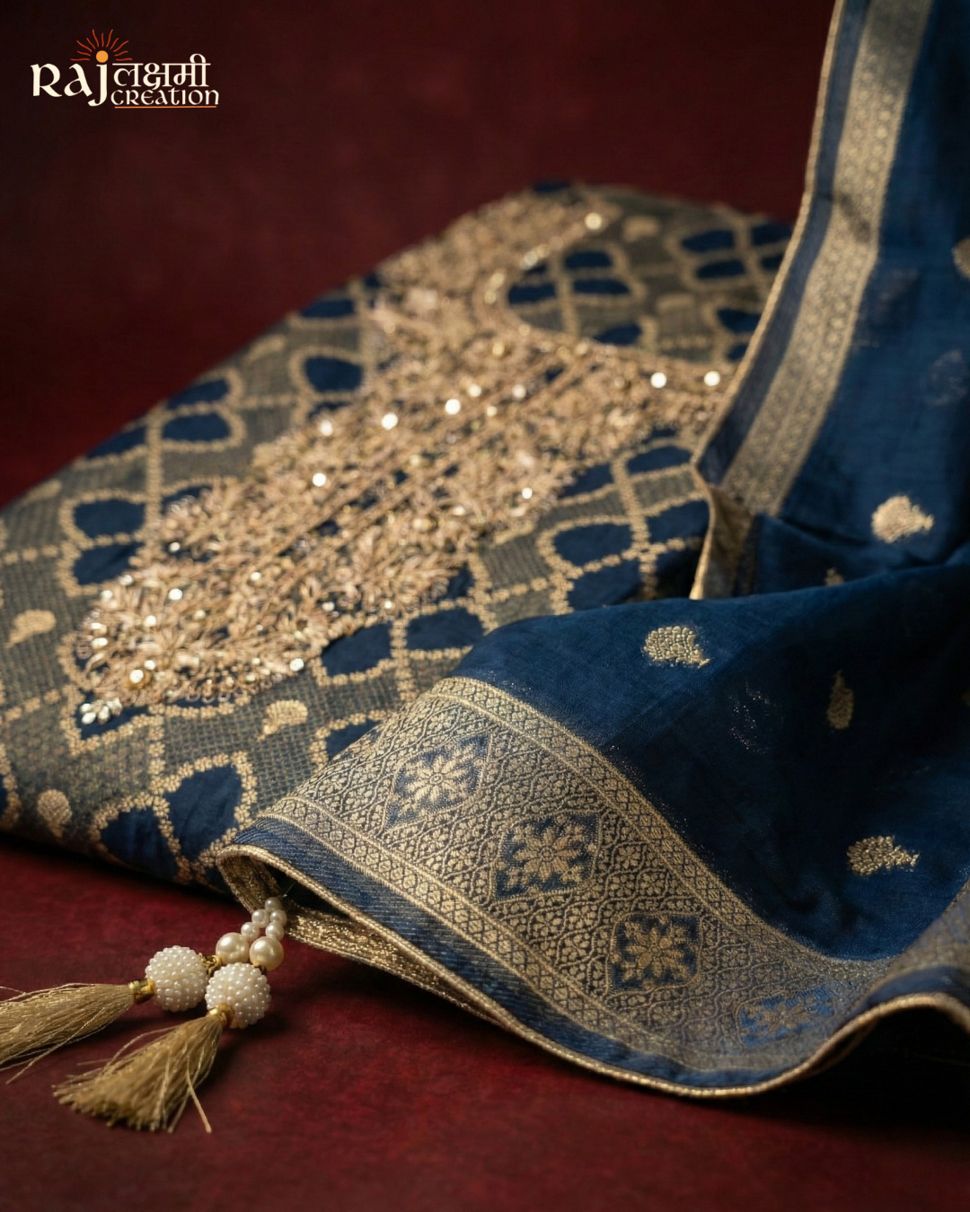 Royal Navy Blue Hand-Embroidered Zardosi Suit Set in Premium Gajji Satin & Upada Silk