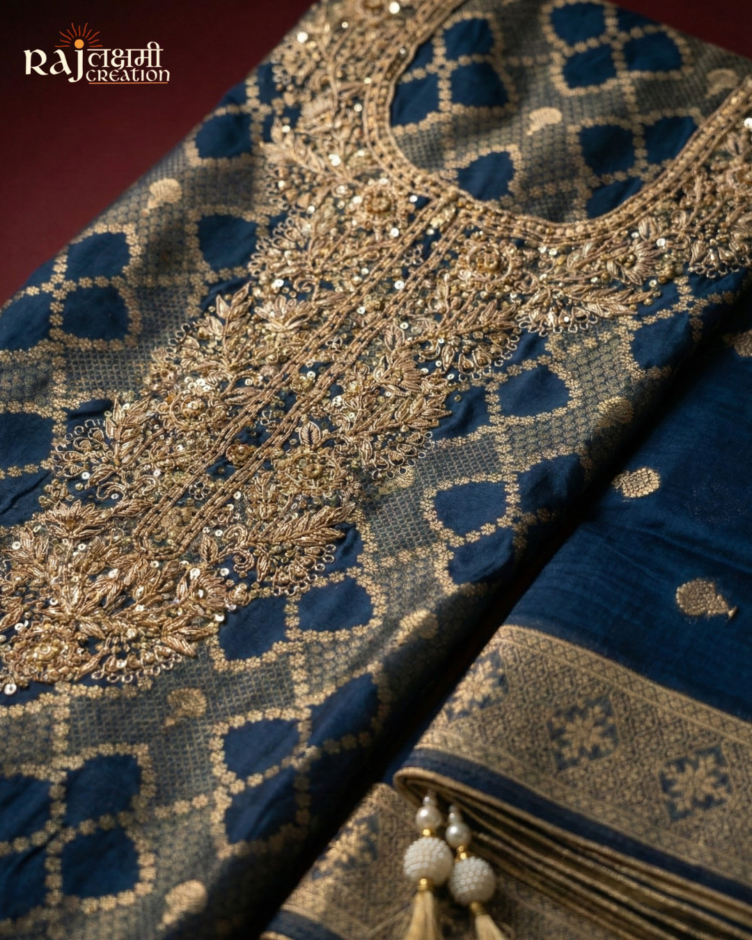 Royal Navy Blue Hand-Embroidered Zardosi Suit Set in Premium Gajji Satin & Upada Silk