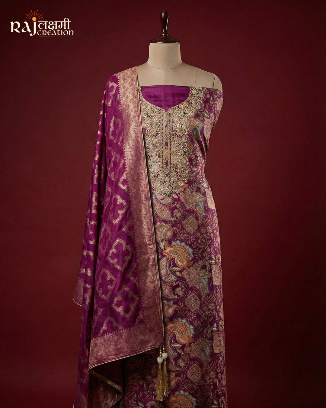 Royal Magenta Printed Gajji Satin Suit with Handcrafted Zardosi Yoke