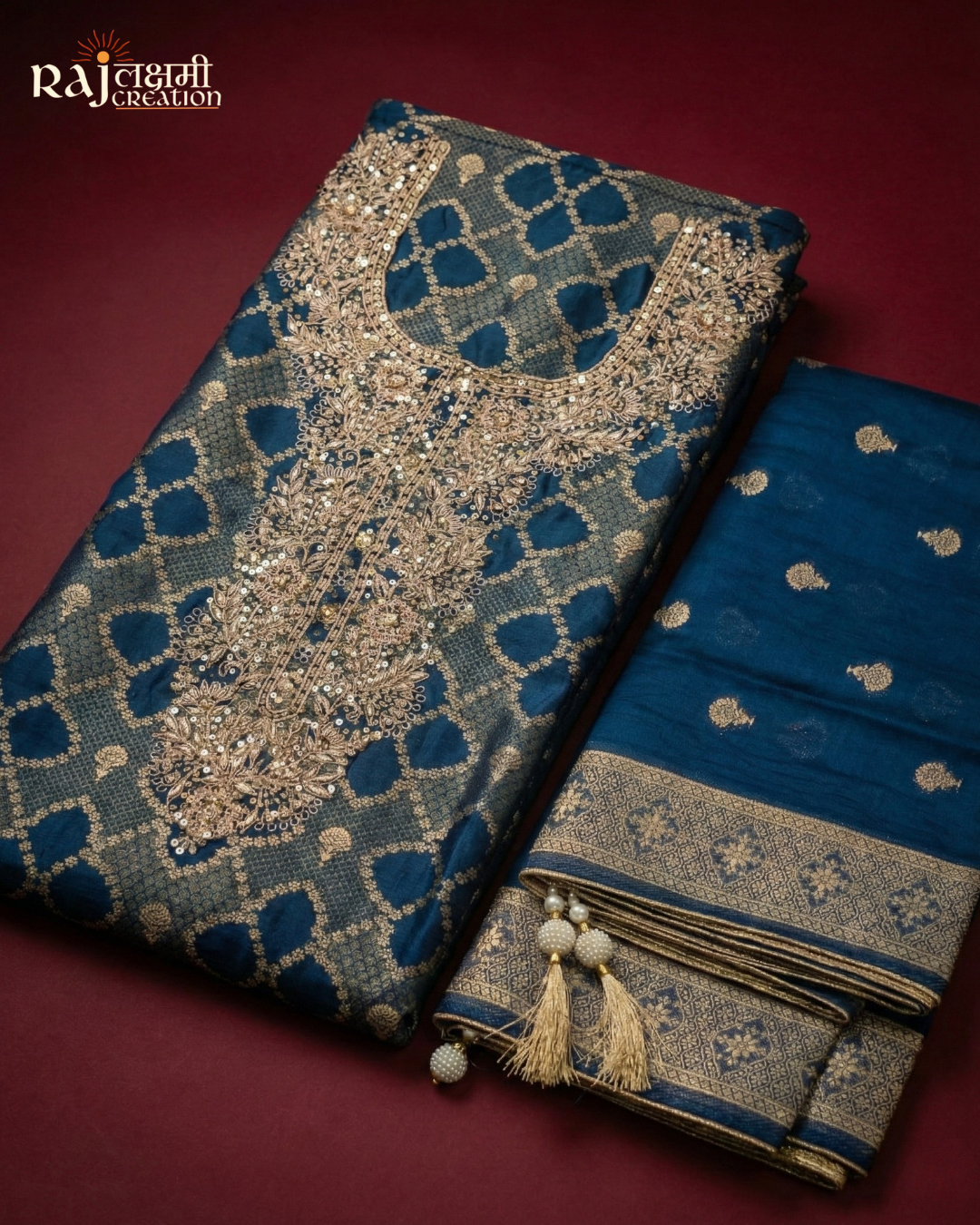 Royal Navy Blue Hand-Embroidered Zardosi Suit Set in Premium Gajji Satin & Upada Silk