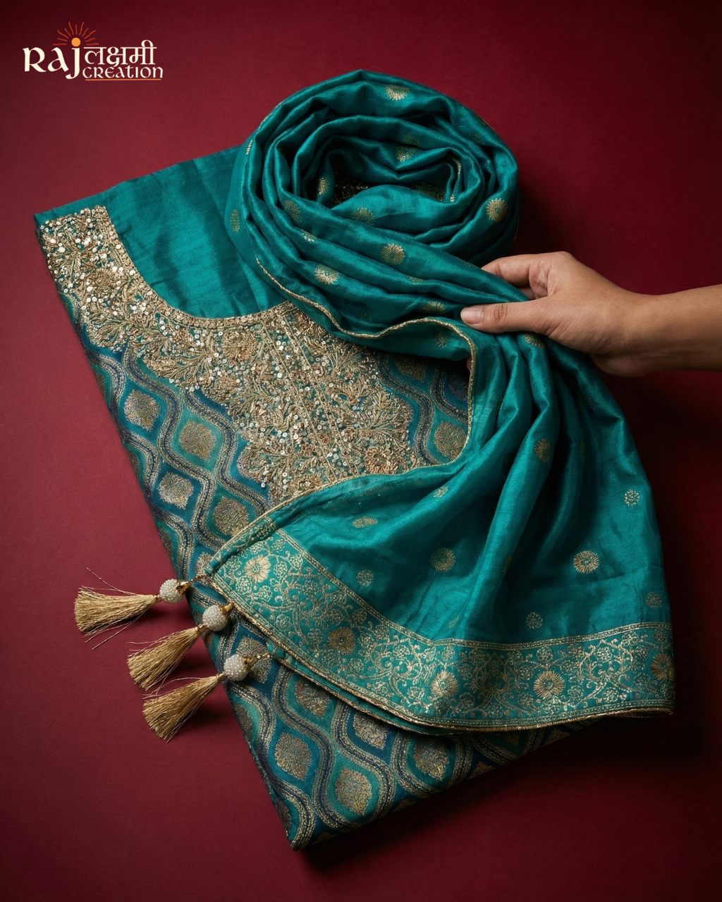 Exquisite Teal Blue Upada Silk & Tissue Salwar Suit with Hand-Crafted Zardosi Work