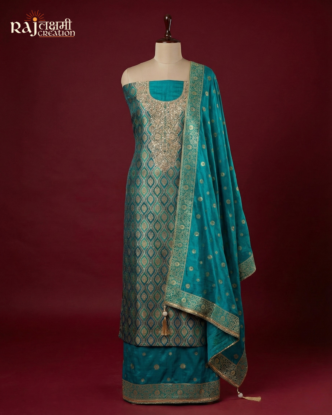 Exquisite Teal Blue Upada Silk & Tissue Salwar Suit with Hand-Crafted Zardosi Work