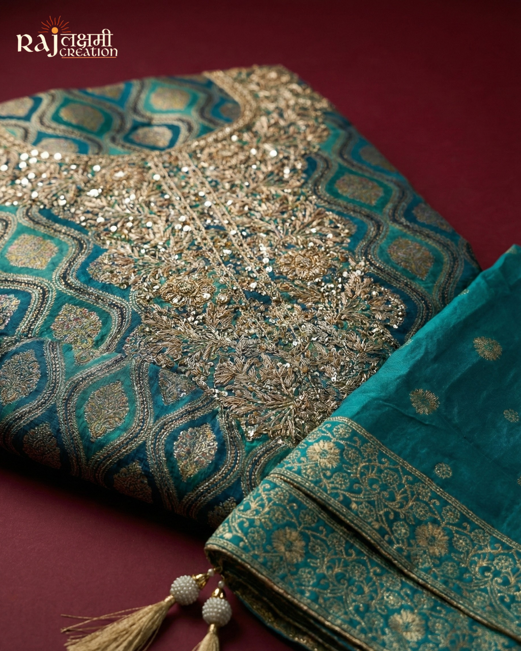 Exquisite Teal Blue Upada Silk & Tissue Salwar Suit with Hand-Crafted Zardosi Work