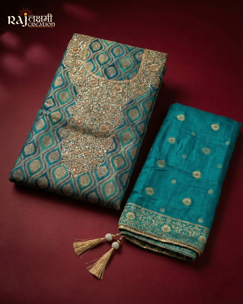 Exquisite Teal Blue Upada Silk & Tissue Salwar Suit with Hand-Crafted Zardosi Work