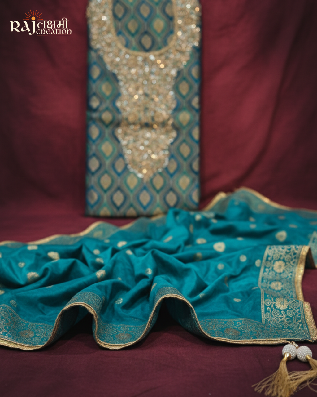 Exquisite Teal Blue Upada Silk & Tissue Salwar Suit with Hand-Crafted Zardosi Work