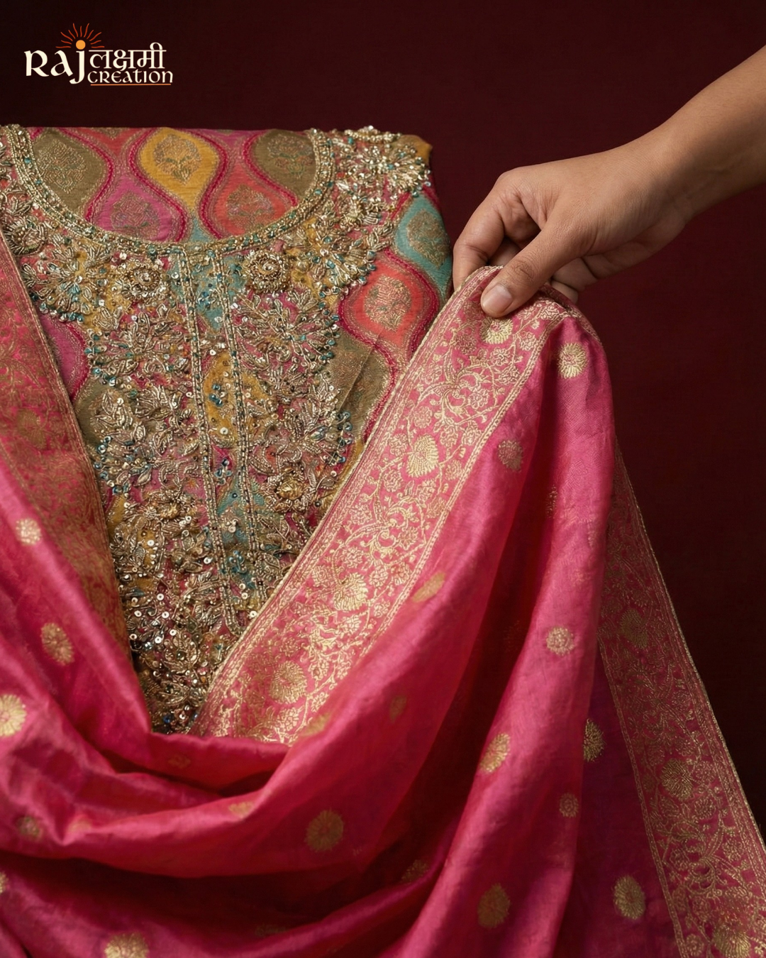 Royal Multicolored Upada Silk & Tissue Salwar Suit with Intricate Hand-Done Zardosi Work