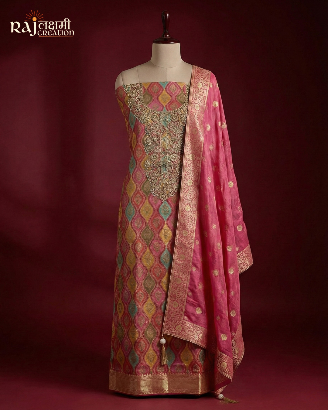 Royal Multicolored Upada Silk & Tissue Salwar Suit with Intricate Hand-Done Zardosi Work