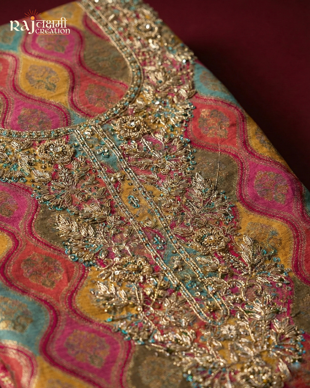 Royal Multicolored Upada Silk & Tissue Salwar Suit with Intricate Hand-Done Zardosi Work