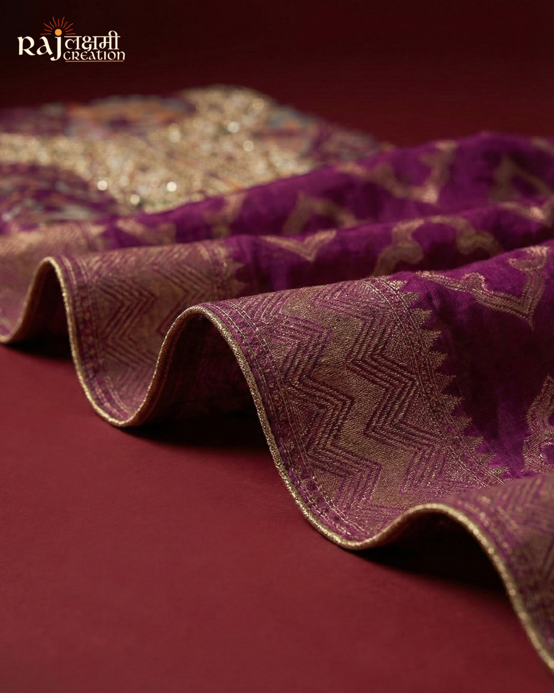 Royal Magenta Printed Gajji Satin Suit with Handcrafted Zardosi Yoke