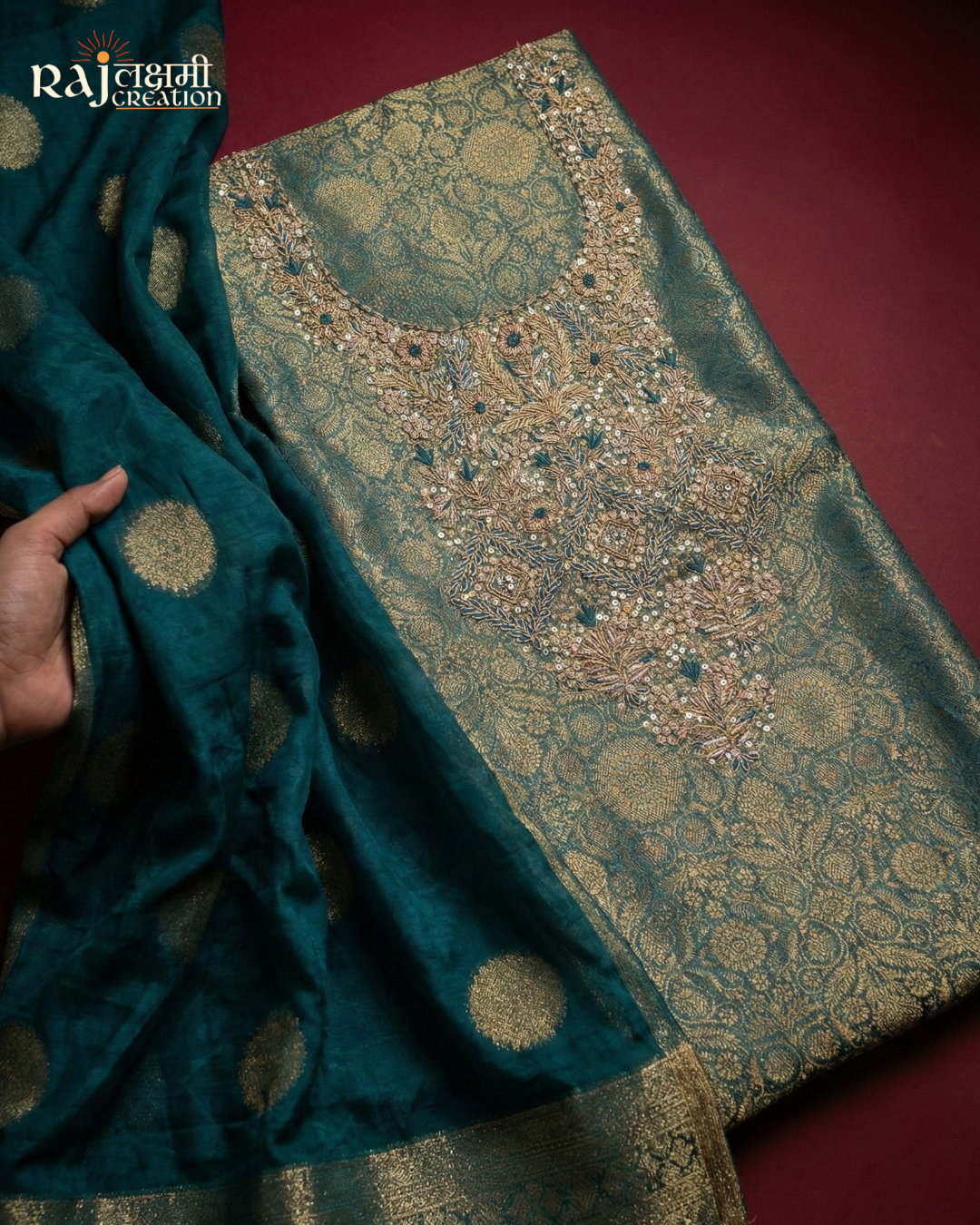 Royal Teal & Gold: Handcrafted Zardosi Tissue Suit Set