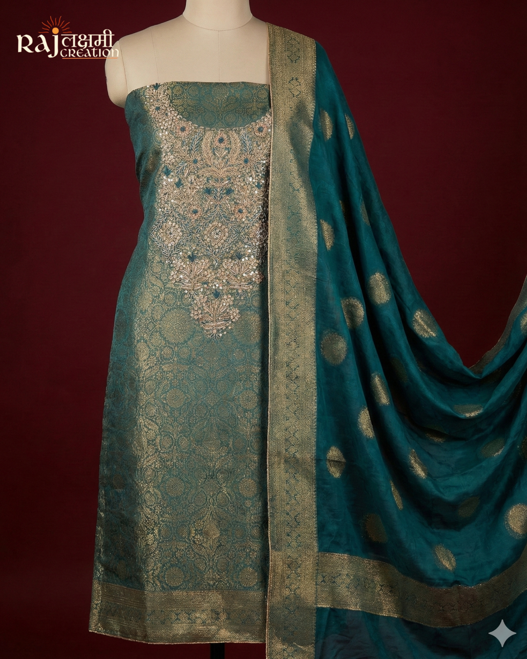 Royal Teal & Gold: Handcrafted Zardosi Tissue Suit Set