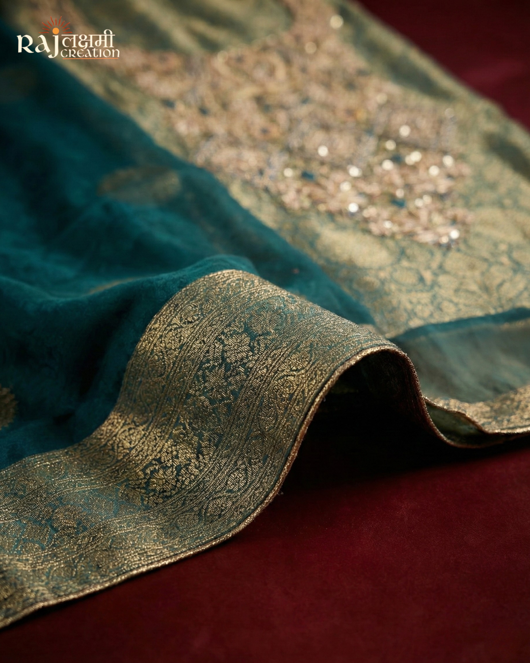 Royal Teal & Gold: Handcrafted Zardosi Tissue Suit Set