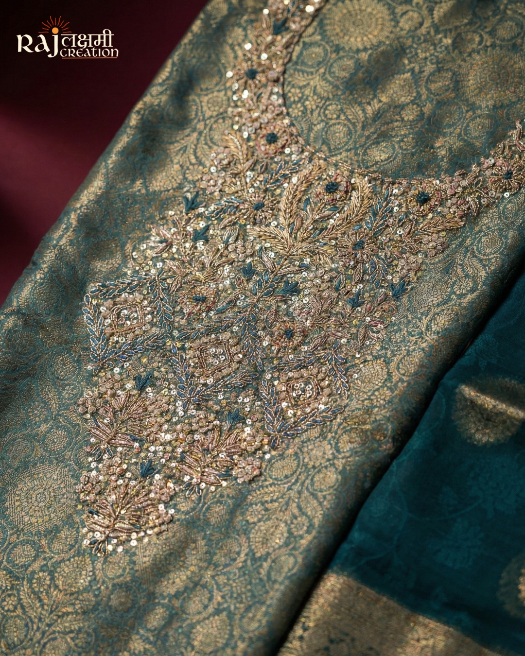 Royal Teal & Gold: Handcrafted Zardosi Tissue Suit Set