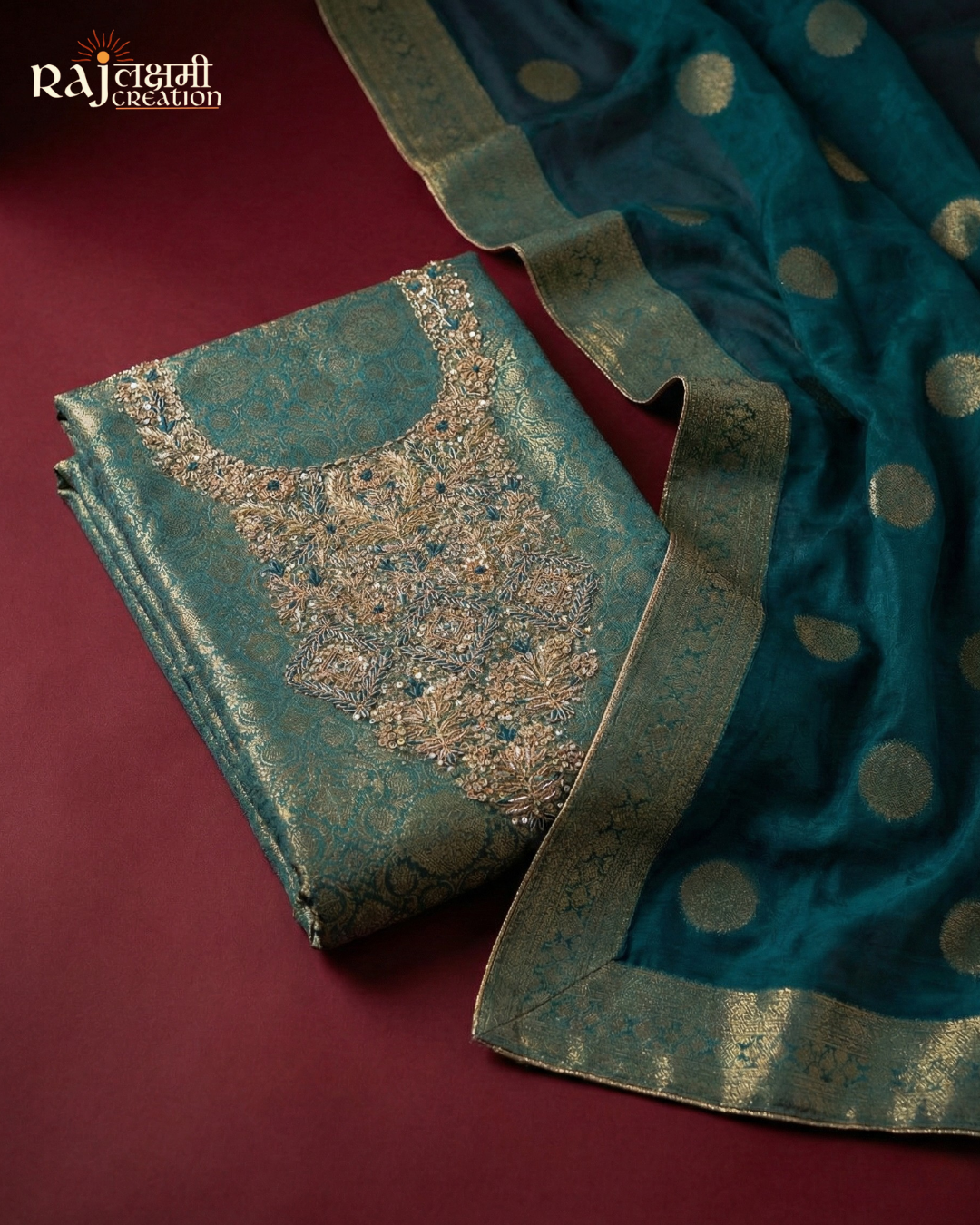 Royal Teal & Gold: Handcrafted Zardosi Tissue Suit Set