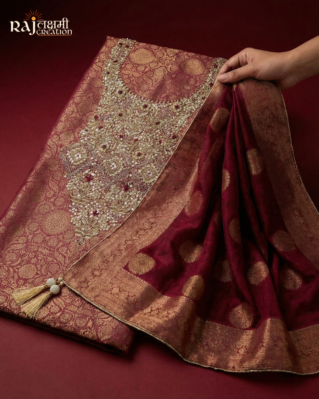 Maroon Elegance: Handcrafted Zardosi Tissue Suit Set