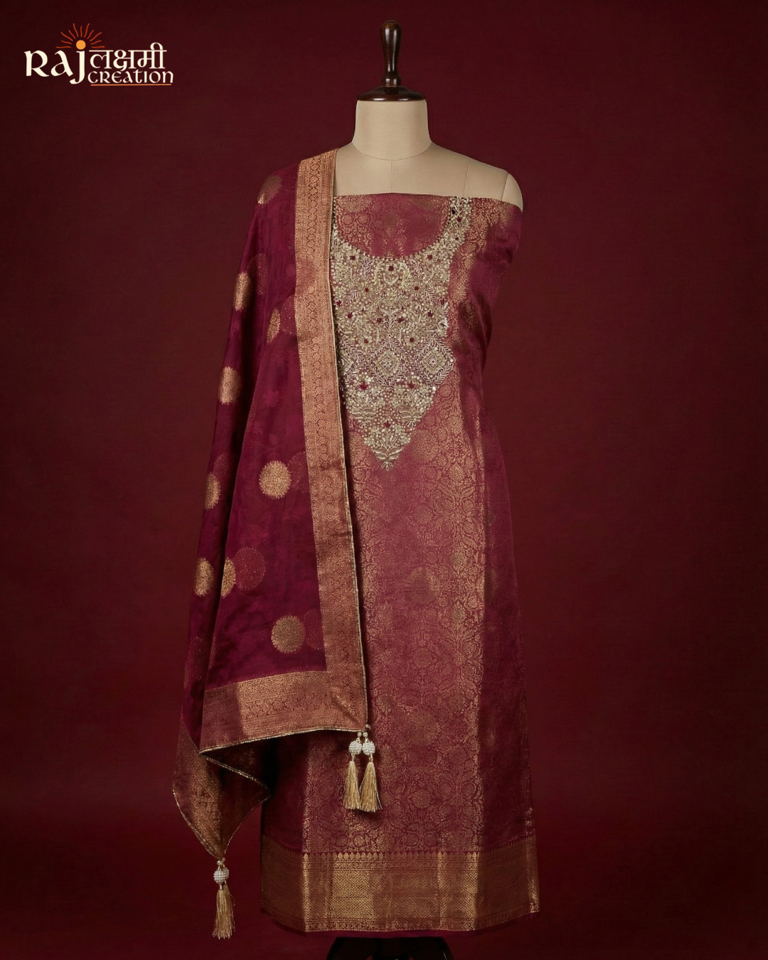 Maroon Elegance: Handcrafted Zardosi Tissue Suit Set